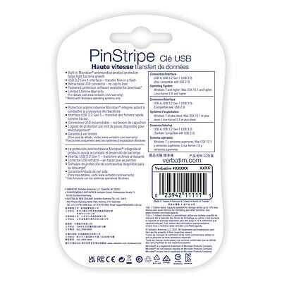 PinStripe Clé USB  
Haute vitesse transfert de données

Bult in Microban antimicrobial product protection helps fight the growth of bacteria and odors.

- Compatible with Windows 7, 8, 10, 11 and macOS
- USB 3.2 Gen 1
- 32 GB
- Lifetime warranty
- Verbatim.com

Conector de USB 3.2 Gen 1
- Compatible con Windows 7, 8, 10, 11 y macOS
- 32 GB
- Garantía de por vida
- Verbatim.com

Verbatim  
#XXXXX XXXX  
0 25942 11111 5
