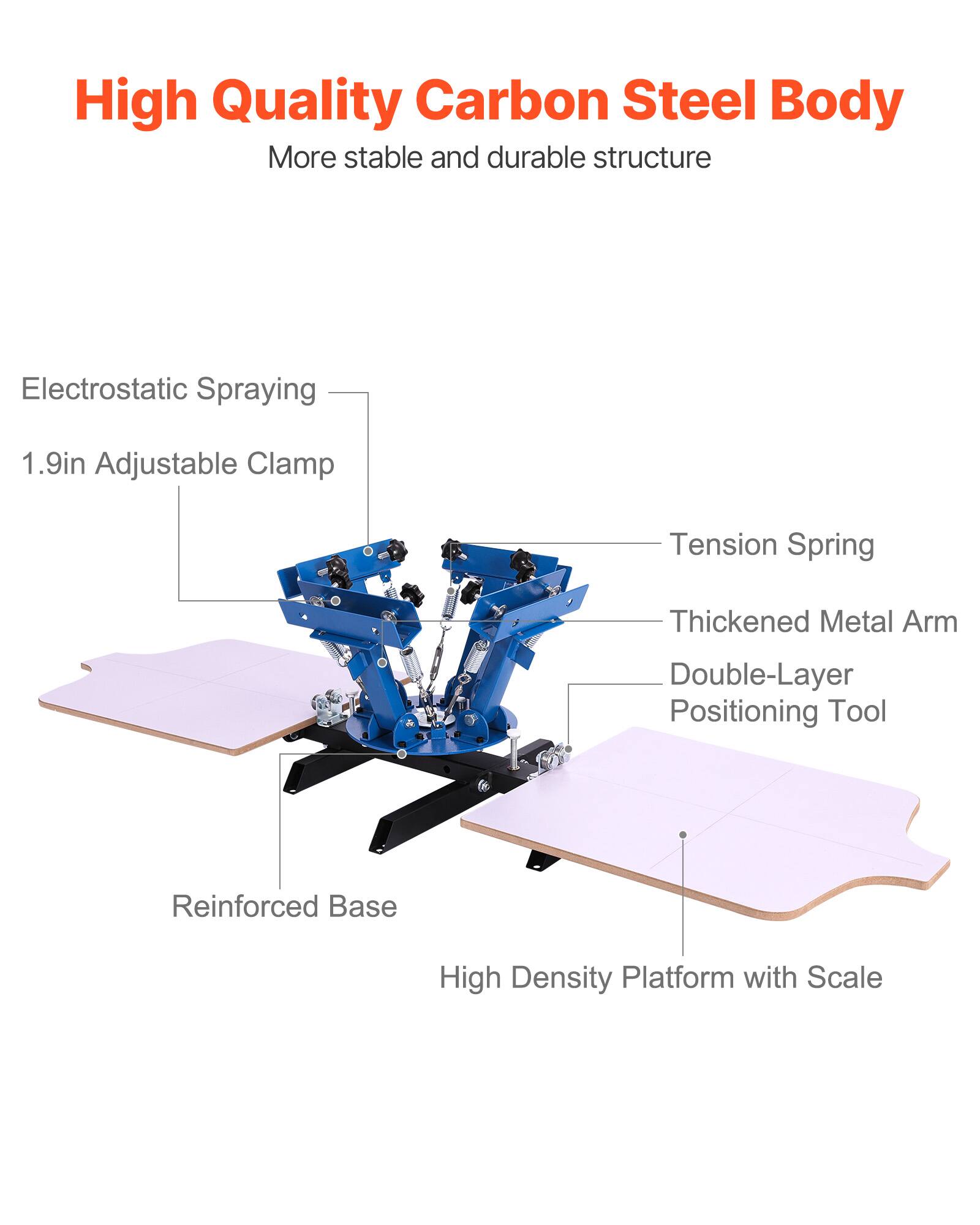 High Quality Carbon Steel Body  
More stable and durable structure

Electrostatic Spraying  
1.9in Adjustable Clamp  
Tension Spring  
Thickened Metal Arm  
Double-Layer Positioning Tool  
Reinforced Base  
High Density Platform with Scale