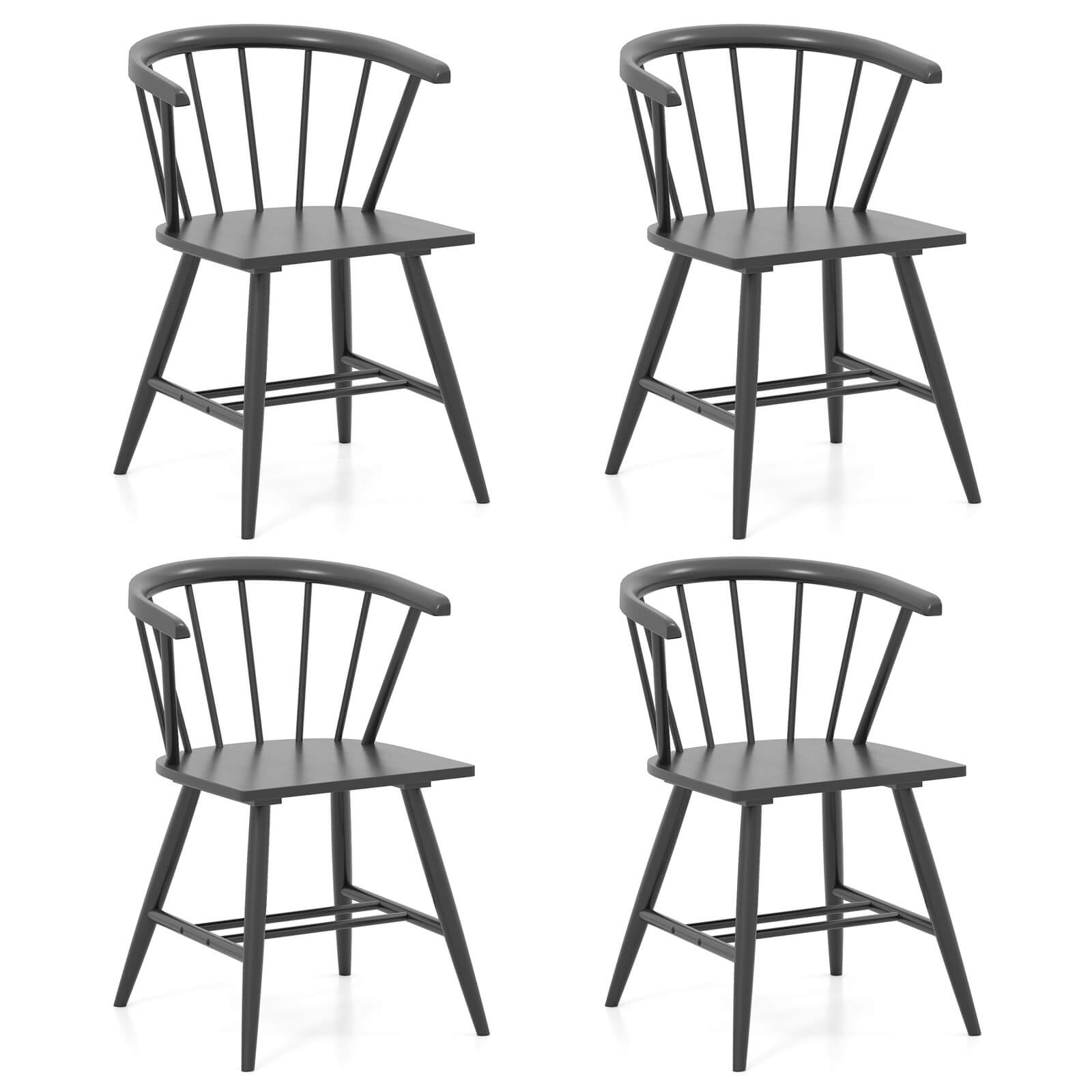 Costway - Windsor Dining Chair Set of 4 w/Rubber Wood Frame Curved Spindle Back & Armrest - Black