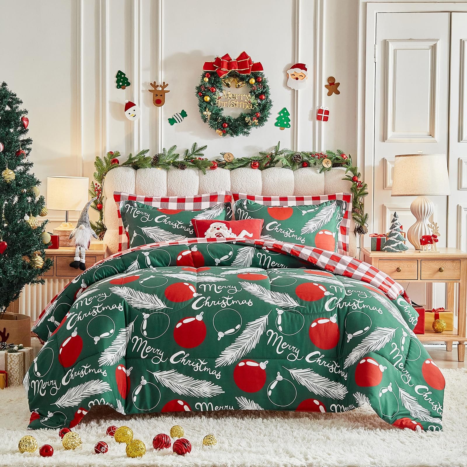 Paradigms Interiors - Christmas 7 Pieces Comforter Sheet Set Bed In A Bag Holiday Year Style - With Leaves N Balloon Plaid Gingha - Green-Queen-7pieces