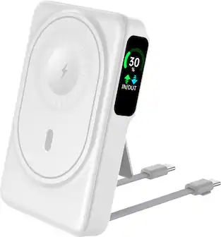 Front. Energizer - 10,000mAh 22.5W Magnetic Wireless Qi/Qi2.0/MagSafe PowerBank, OLED Display, Apple Watch Charger, 2 Built in USB-C Cables - White.