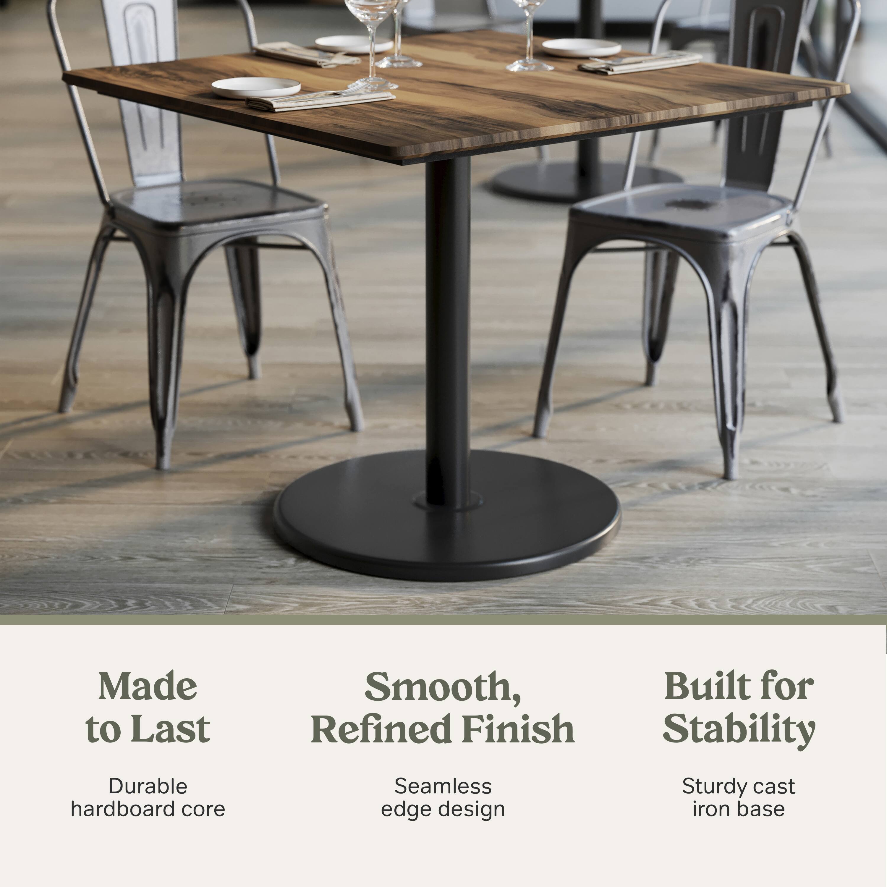 Made to Last  
Durable hardboard core  

Smooth, Refined Finish  
Seamless edge design  

Built for Stability  
Sturdy cast iron base