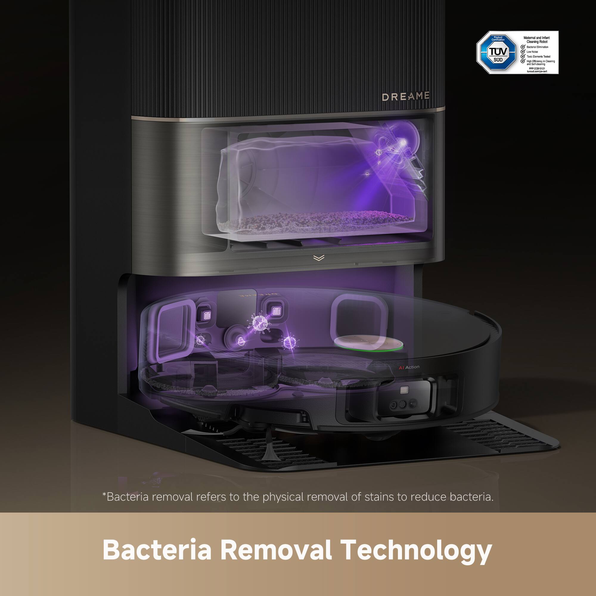 I TUV Sub - - - Coaring - - - - I - - - - I : x - - :  DREAME Action *Bacteria removal refers to the physical removal of stains to reduce bacteria. Bacteria Removal Technology