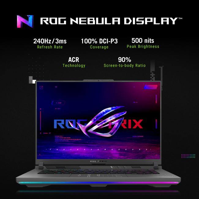 N ROG NEBULA DISPLAY™ 240Hz/3ms 100% DCI-P3 Coverage 500 nits Peak Brightness ACR Technology 90% Screen-to-body Ratio ROG TRIX ROG ASIS