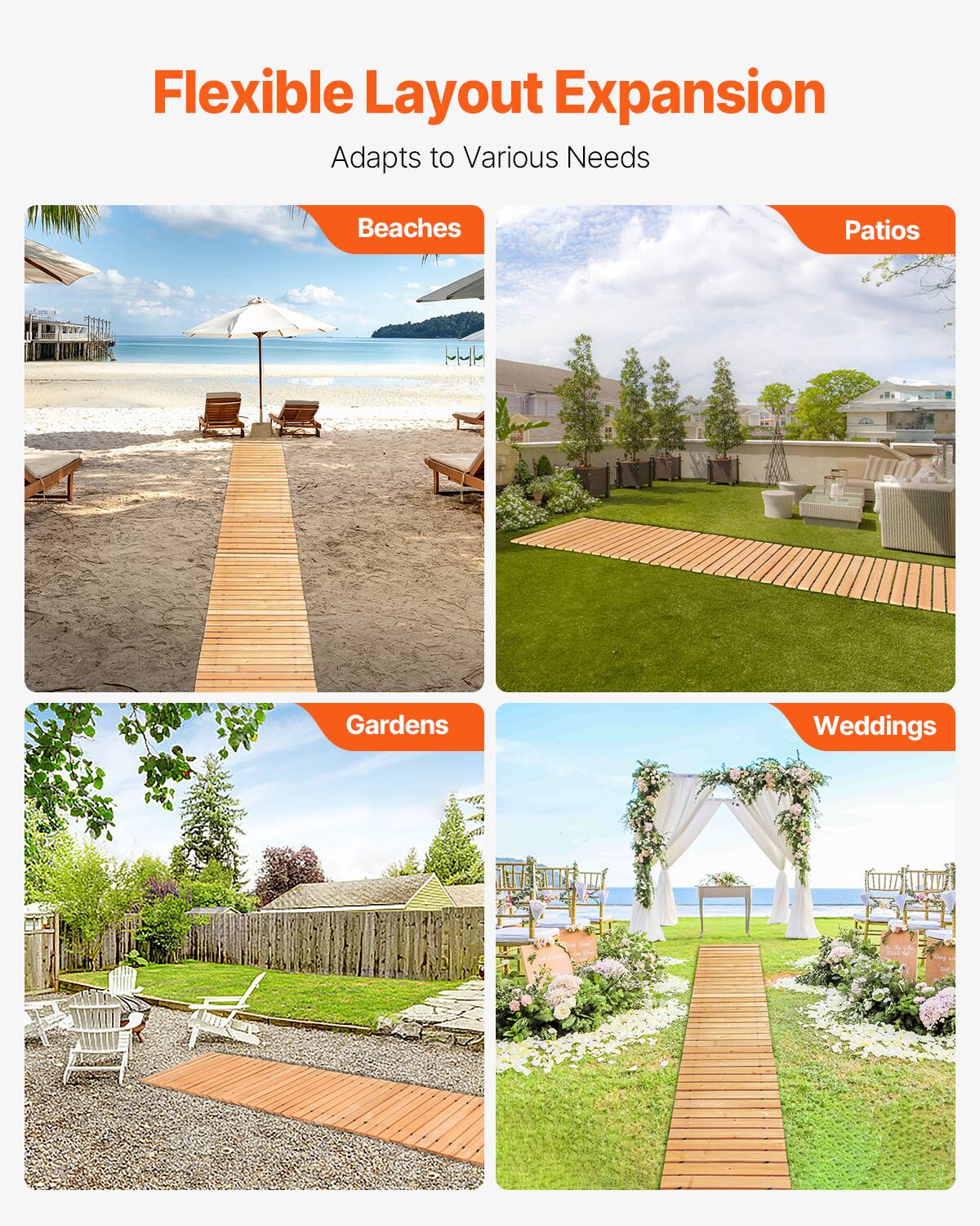 Flexible Layout Expansion  
Adapts to Various Needs  

Beaches  
Patios  
Gardens  
Weddings