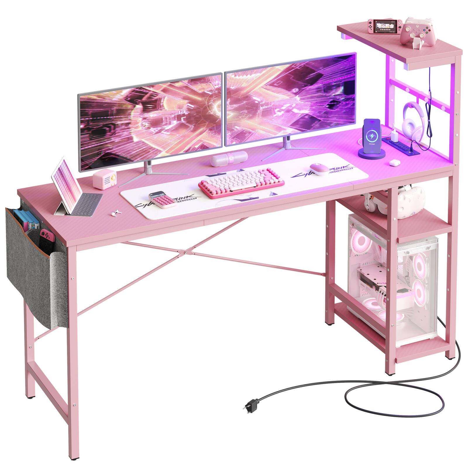 Angle. Bestier - 61inch Gaming Desk with LED Lights, Storage Shelves, and Side Bag - Pink.