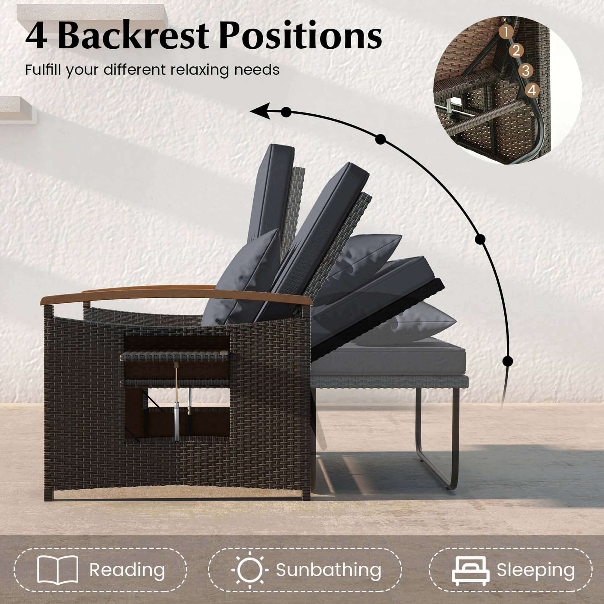 4 Backrest Positions  
Fulfill your different relaxing needs  

1. Reading  
2. Sunbathing  
3. Sleeping