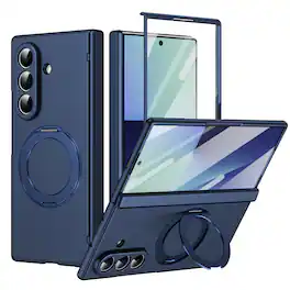 Dteck - For Samsung Galaxy Z Fold 7 Rugged Case With Screen Protector, Shockproof Magnetic Ring Stand Hinge Protection Cover - Blue