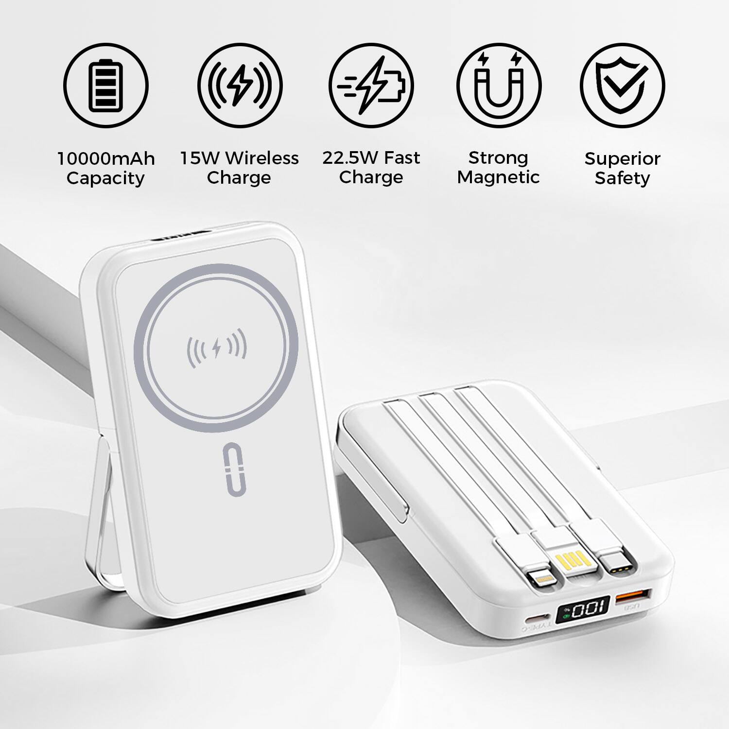 10000mAh Capacity, 15W Wireless Charge, 22.5W Fast Charge, Strong Magnetic, Superior Safety