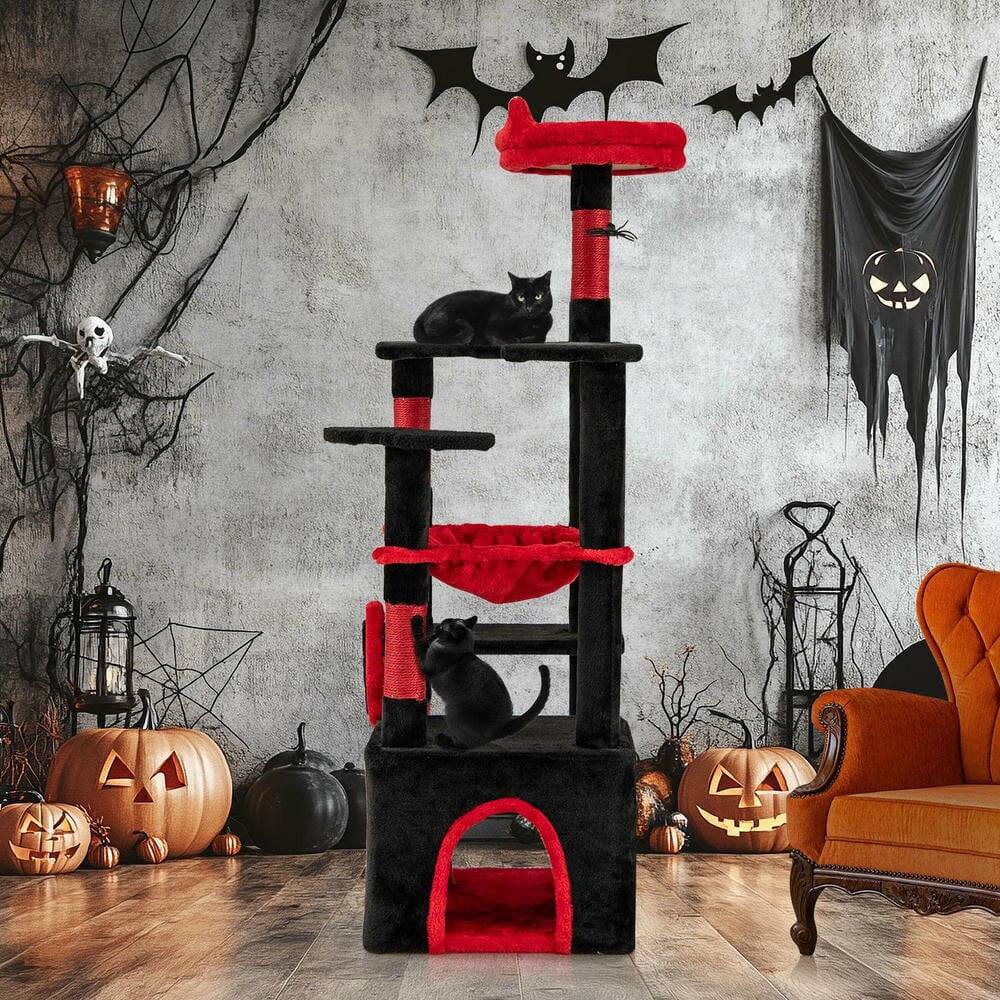 Alt View 1. Kadyn - Gothic Style Cat Tree with Plush Perch and Spider Toy, Black & Red - Black.