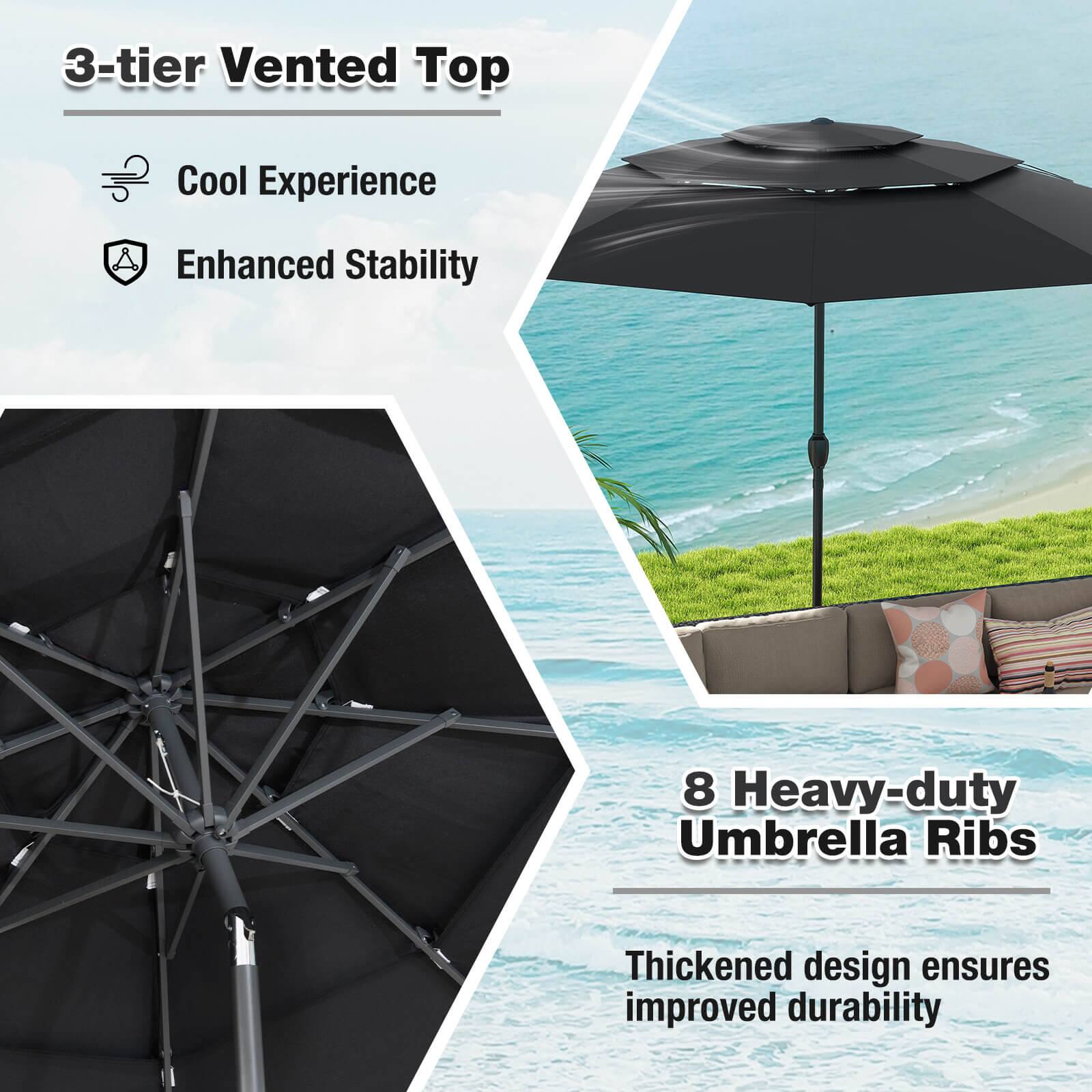 The text on the image is grouped and corrected as follows:

1. 3-tier Vented Top: Cool Experience, Enhanced Stability
2. 8 Heavy-duty Umbrella Ribs: Thickened design ensures improved durability