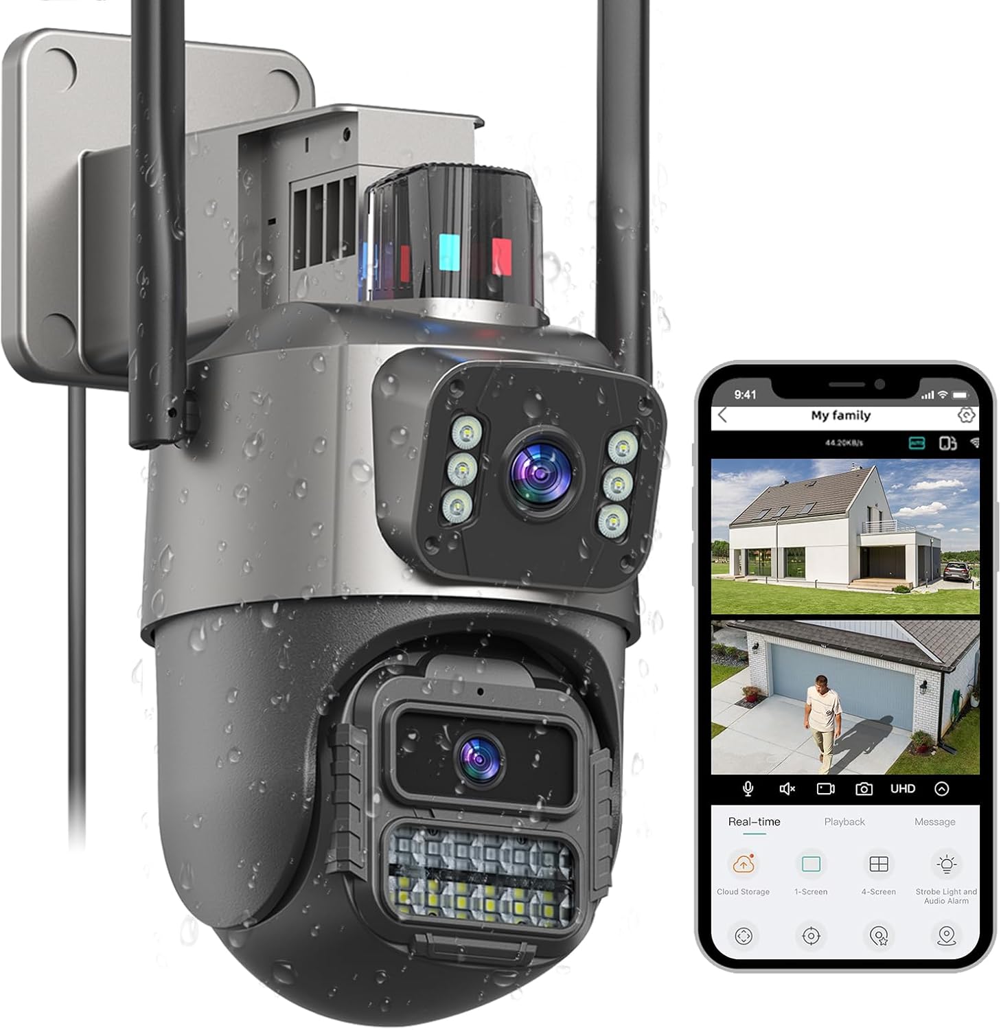 9:41 My family
44.20KB/s
UHD Real-time Playback
Message
Cloud Storage
1-Screen
4-Screen
Strobe Light and Audio Alarm