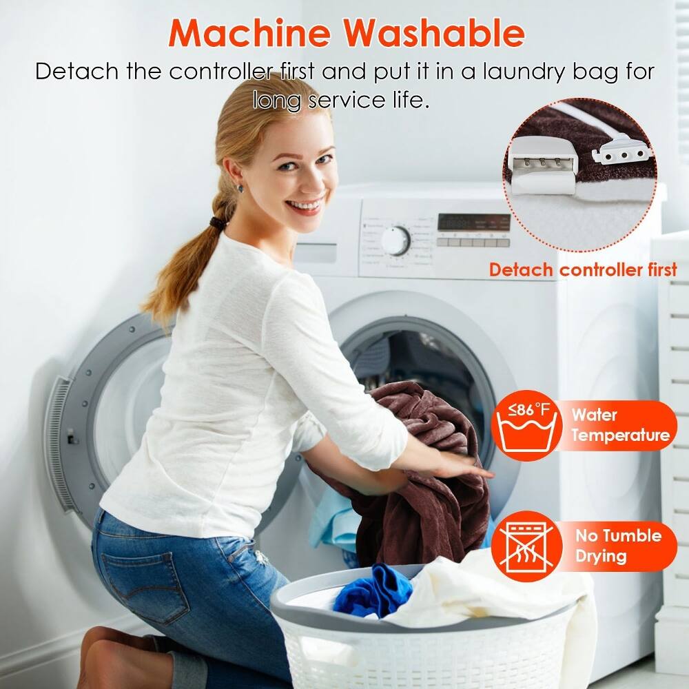 Machine Washable  
Detach the controller first and put it in a laundry bag for long service life.  
Detach controller first  
≤86°F Water Temperature  
No Tumble Drying