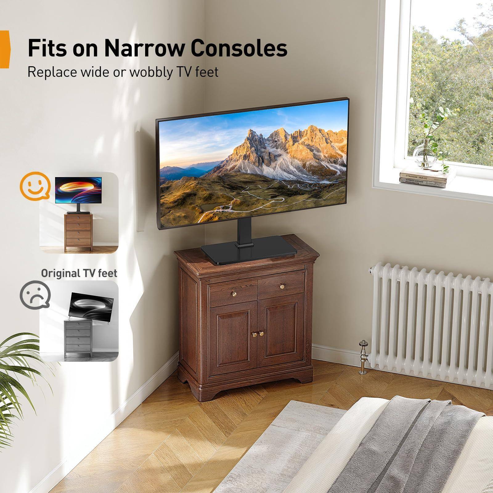 Fits on Narrow Consoles  
Replace wide or wobbly TV feet  

Original TV feet