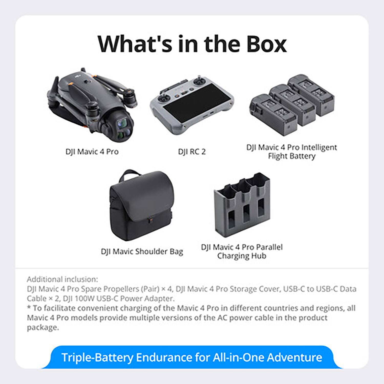What's in the Box

- DJI Mavic 4 Pro
- DJI RC 2
- DJI Mavic 4 Pro Intelligent Flight Battery
- DJI Mavic Shoulder Bag
- DJI Mavic 4 Pro Parallel Charging Hub

Additional inclusion:
- DJI Mavic 4 Pro Spare Propellers (Pair) x 4
- DJI Mavic 4 Pro Storage Cover
- USB-C to USB-C Data Cable x 2
- DJI 100W USB-C Power Adapter

*To facilitate convenient charging of the Mavic 4 Pro in different countries and regions, all Mavic 4 Pro models provide multiple versions of the AC power cable in the product package.

Triple-Battery Endurance for All-in-One Adventure