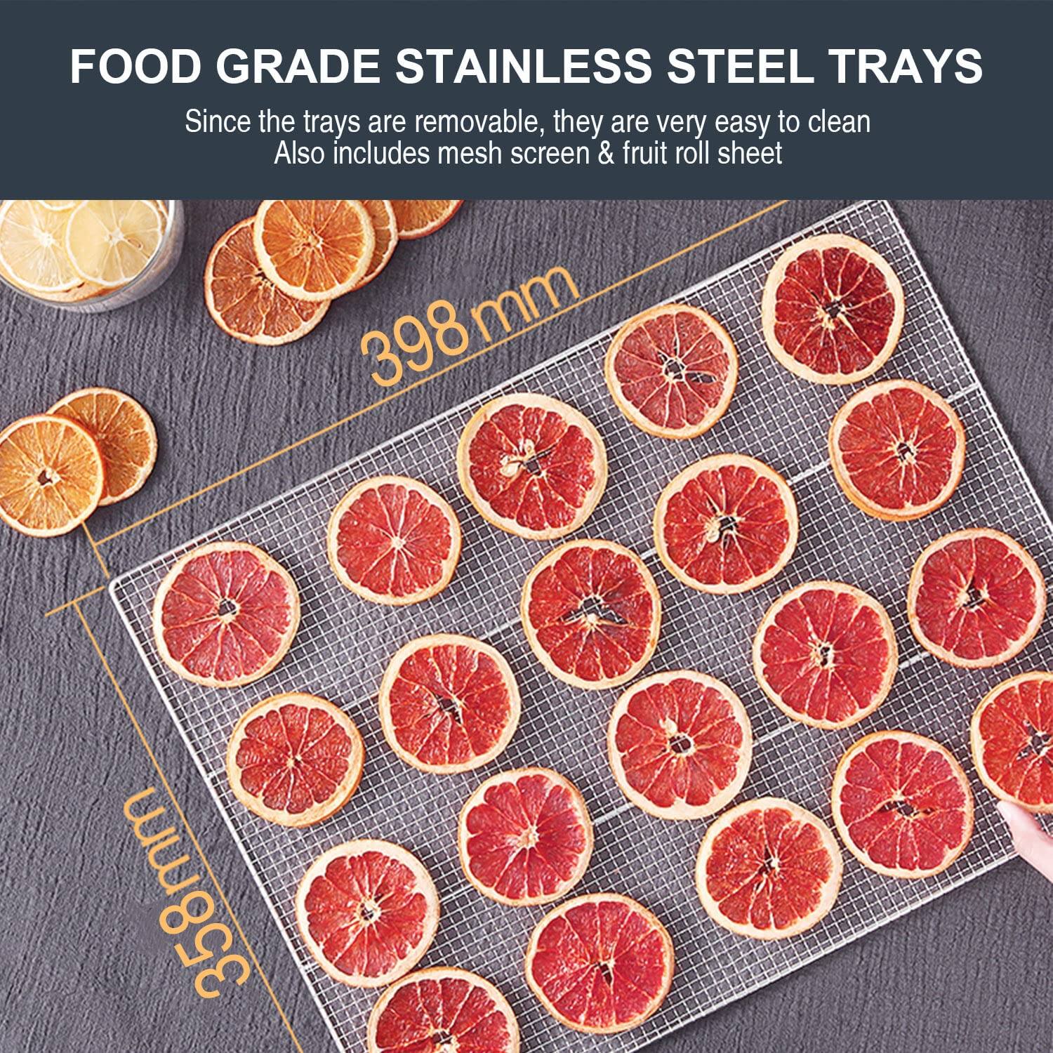 FOOD GRADE STAINLESS STEEL TRAYS

Since the trays are removable, they are very easy to clean. Also includes mesh screen & fruit roll sheet.

398mm x 358mm