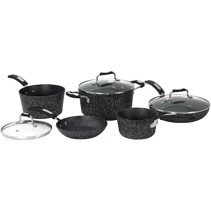 Front. THE ROCK by Starfrit - 8-Piece Cookware Set with Bakelite Handles - Black.