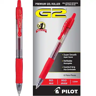 CD -2 G PILOT G-2 PILOT BOLA RODANTE RETRACTE PREMIUM GEL ROLLER CON TIVIA DE GEL G2 e # 1 G-2 G Selling Gel Pen PILOT Super Smooth Super Suave Refillable Recargable Comfort Grip Confortable 12 Pens/Piezas RED ROJO BOLD GRUESO 1.0mm PILOT