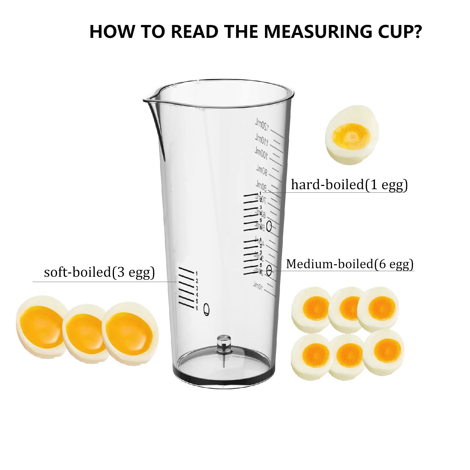 HOW TO READ THE MEASURING CUP?

- soft-boiled (3 egg)
- hard-boiled (1 egg)
- Medium-boiled (6 egg)