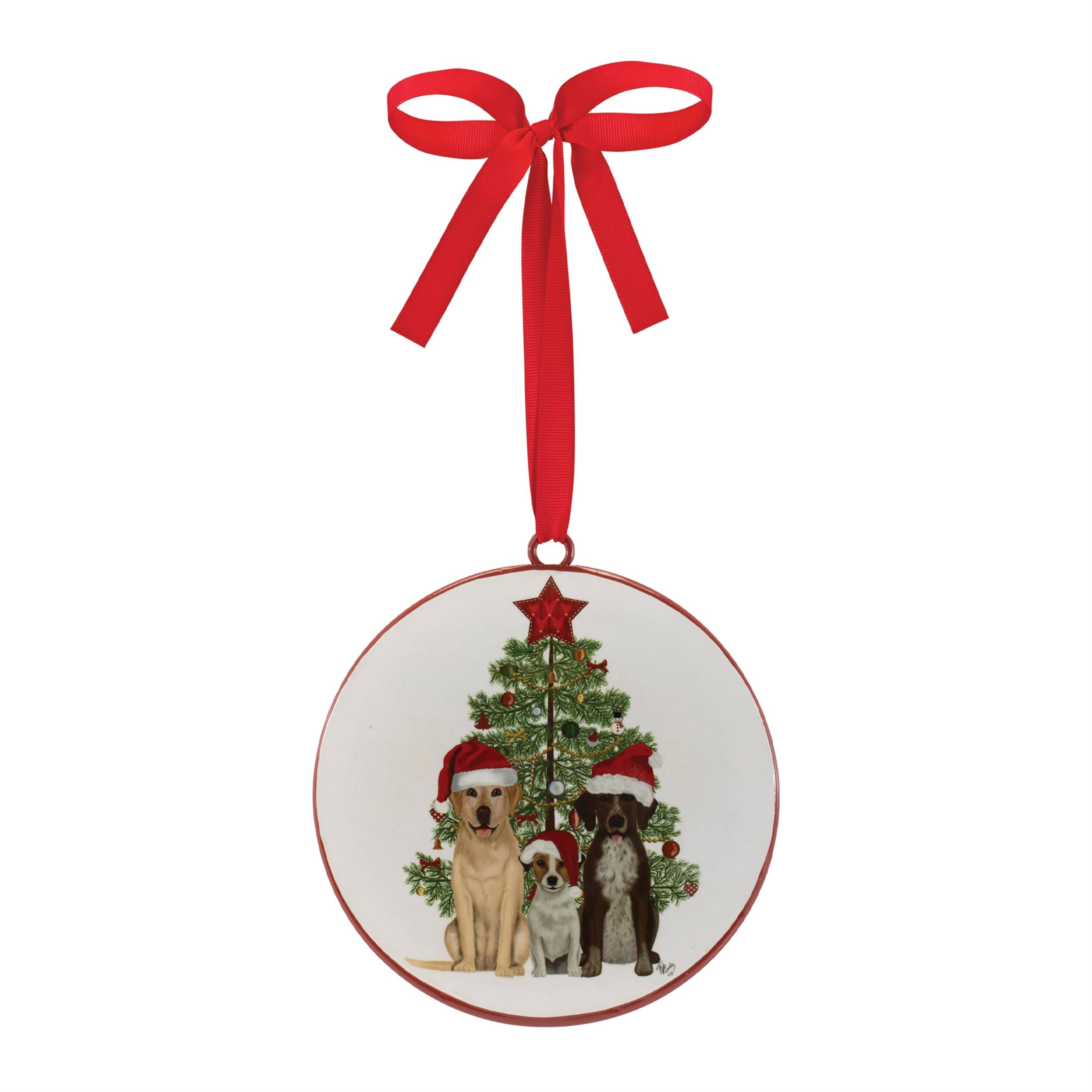 Left. BreeBe - Dogs and Christmas Tree Disc Ornament (Set of 12) - White, Green, Brown.