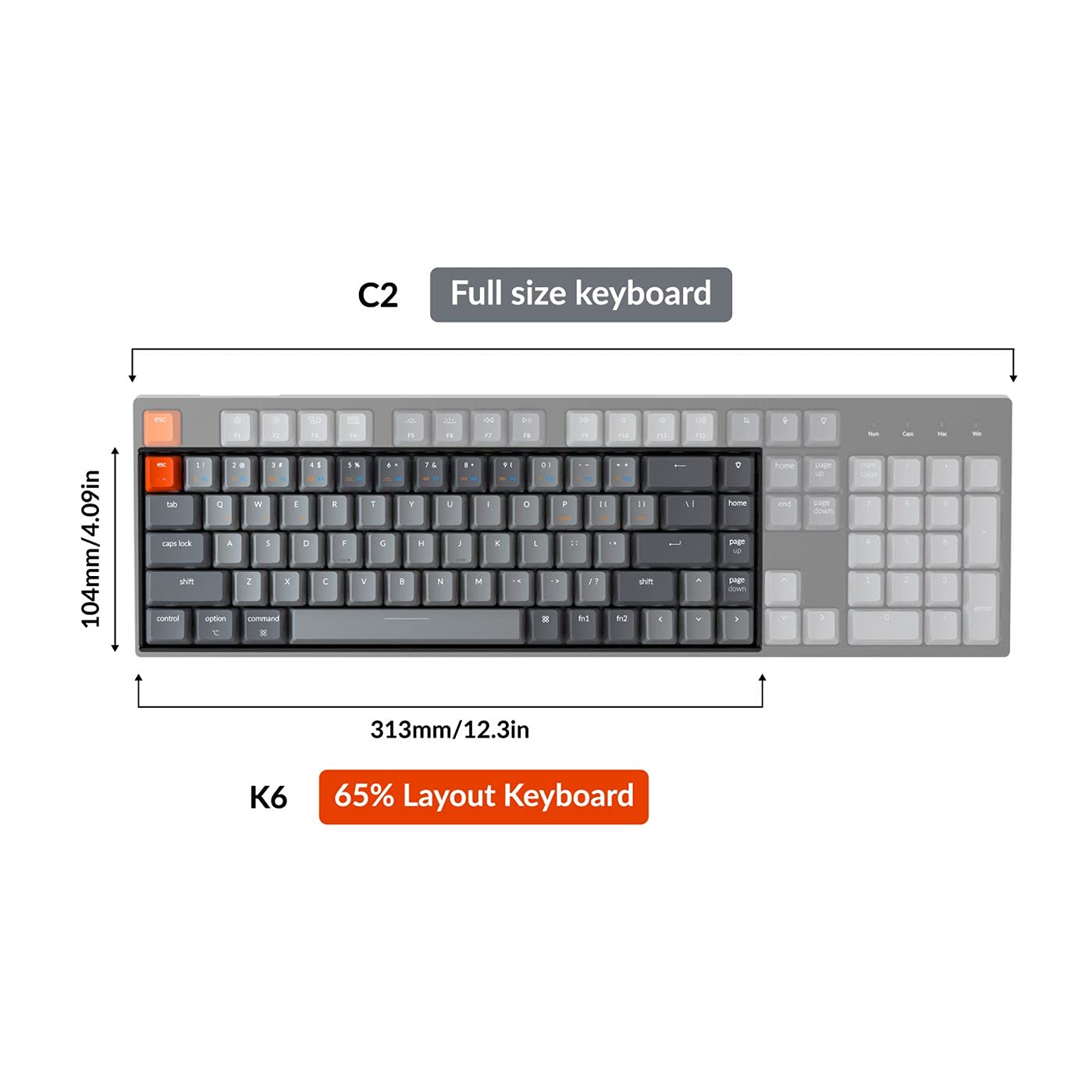 C2 Full size keyboard  
104mm/4.09in  
313mm/12.3in  

K6 65% Layout Keyboard