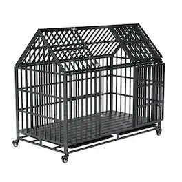 Boyel Living - 52 Inches Heavy Duty Dog Crate with Roof Top with Iron - Black