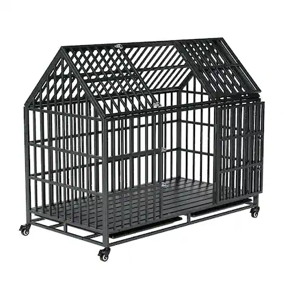 Front. Boyel Living - Black 52 Inches Heavy Duty Dog Crate with Roof Top with Iron - Black.