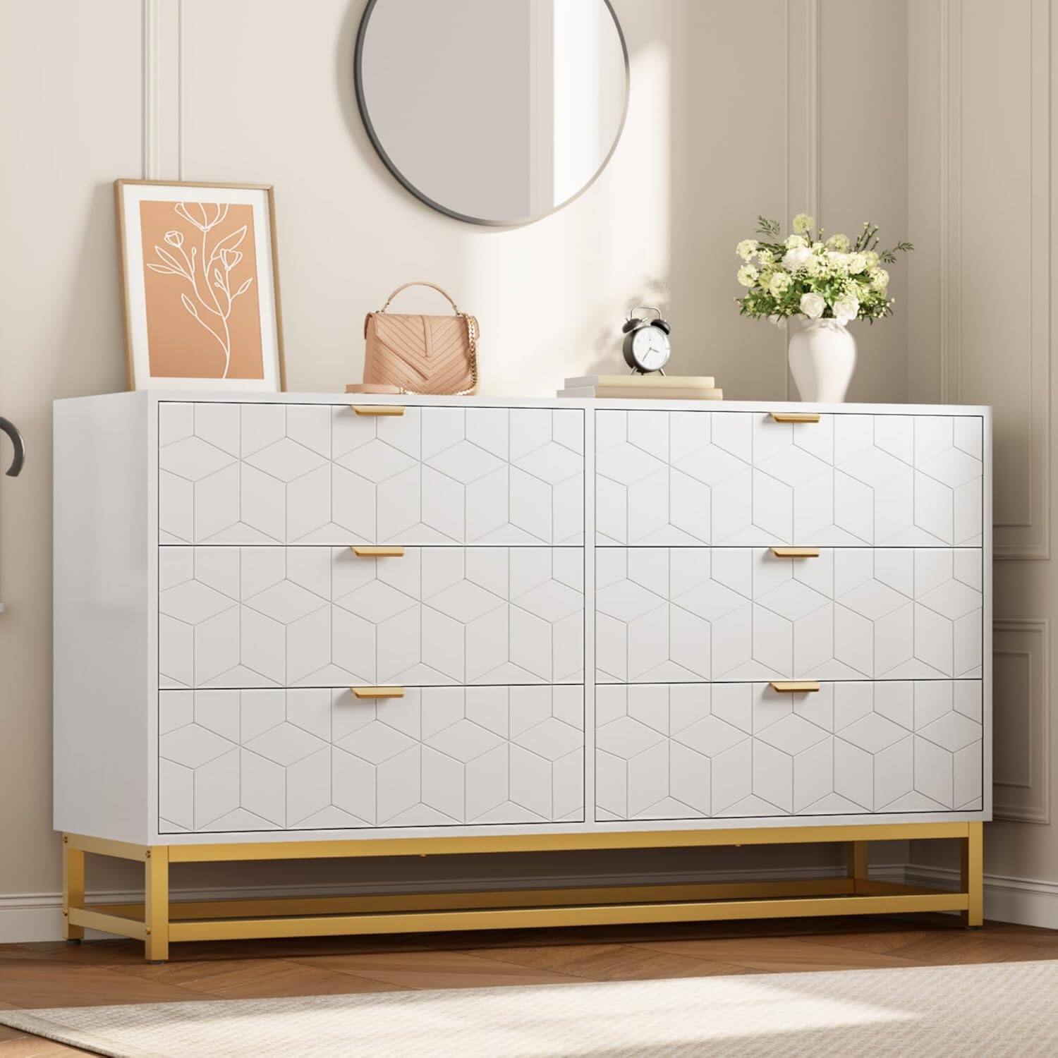 Front. Homhougo - 53.5" Wide Modern 6 Drawer Dresser, Wide Chest with Gold Metal Legs & Handles, Wood Storage Organizer for Bedroom - White.