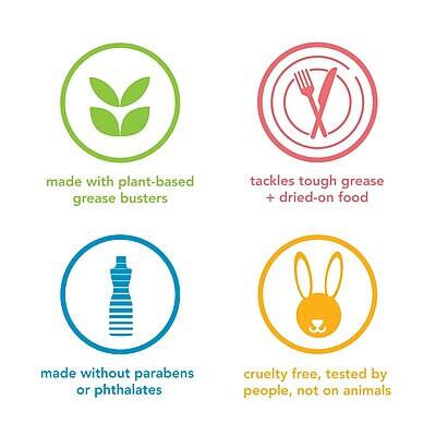 - Made with plant-based grease busters
- Tackles tough grease + dried-on food
- Made without parabens or phthalates
- Cruelty free, tested by people, not on animals