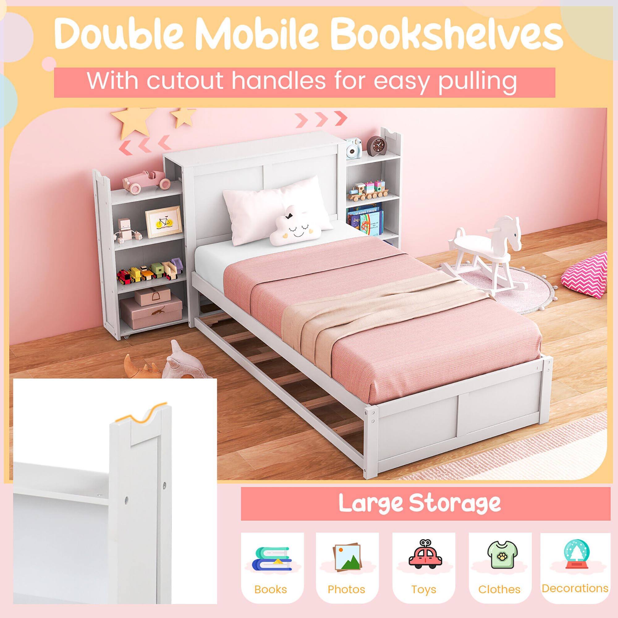 Double Mobile Bookshelves  
With cutout handles for easy pulling  

Large Storage  
Books  
Photos  
Toys  
Clothes  
Decorations