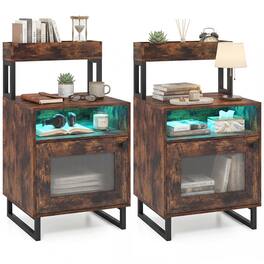 Costway - 2 Pcs Nightstand with LED Lights, Modern End Table with Top Tray, Open Compartment - Rustic Brown