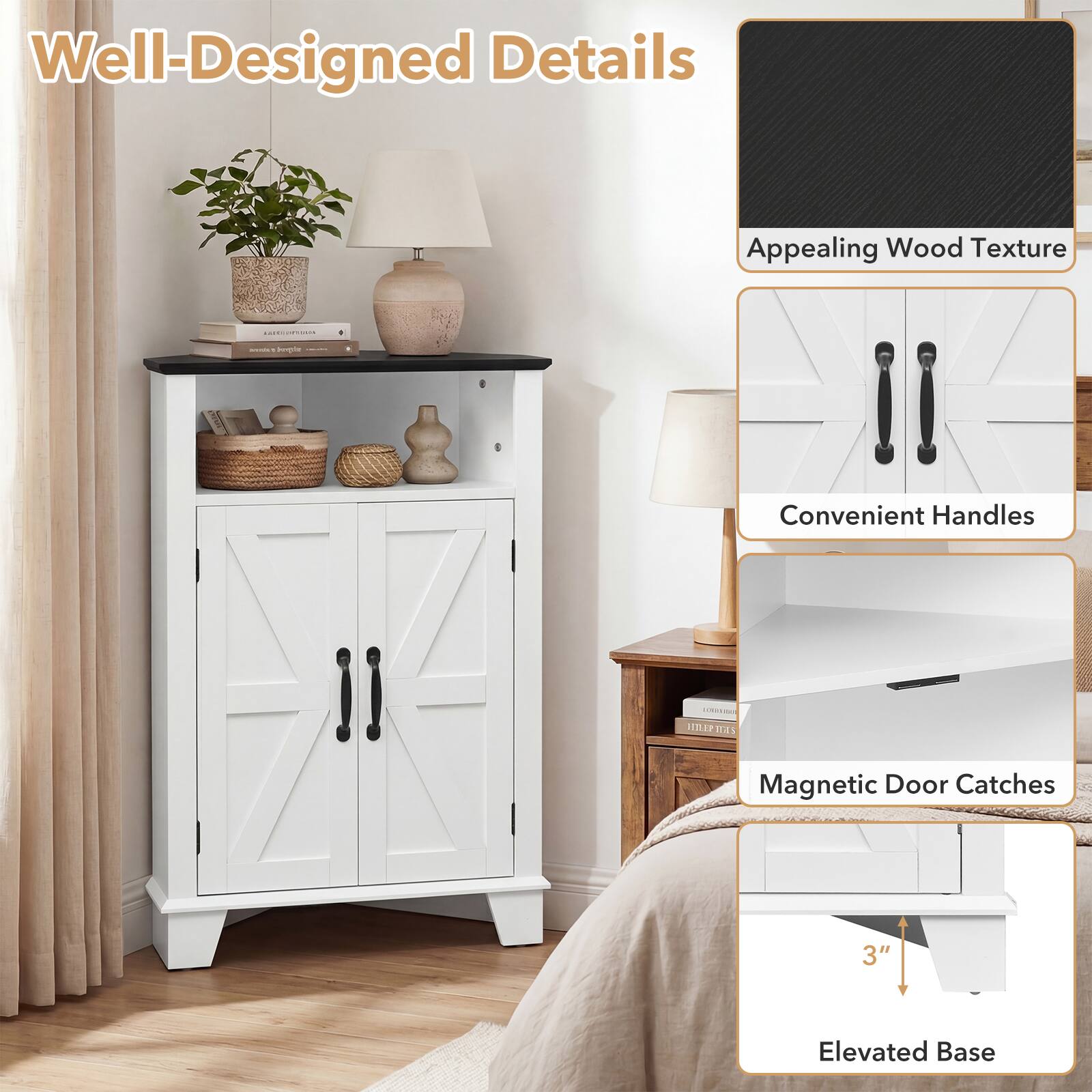 Well-Designed Details

- Appealing Wood Texture
- Convenient Handles
- Magnetic Door Catches
- Elevated Base (3")