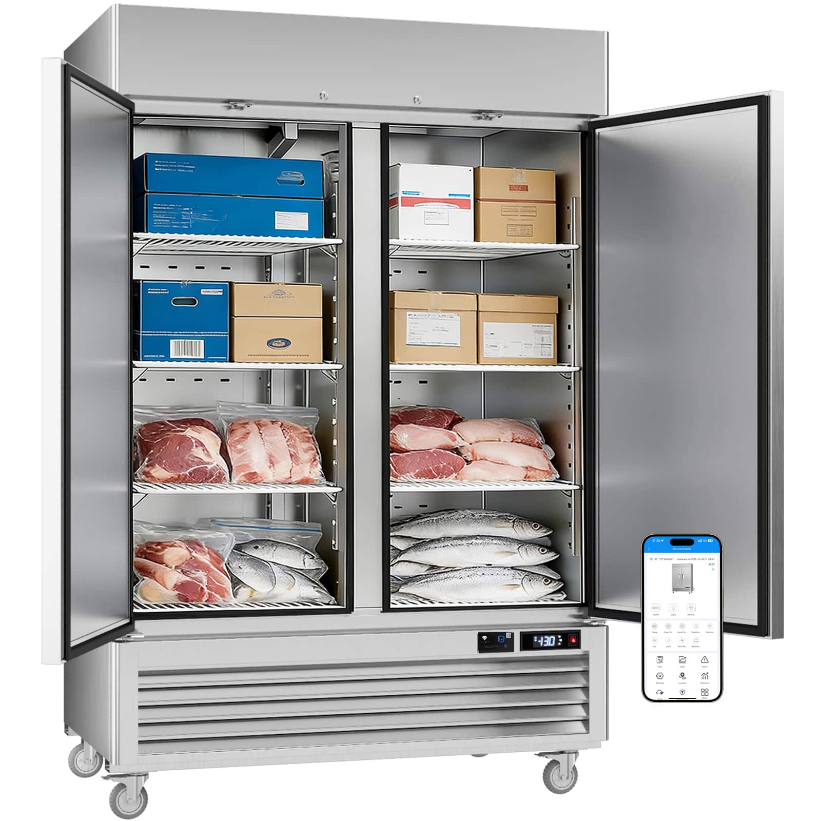 Veecool - 54.4" 49 cu.ft. WiFi Enabled App Control 2 Solid Door Commercial Upright Reach-In Freezer - Stainless Steel