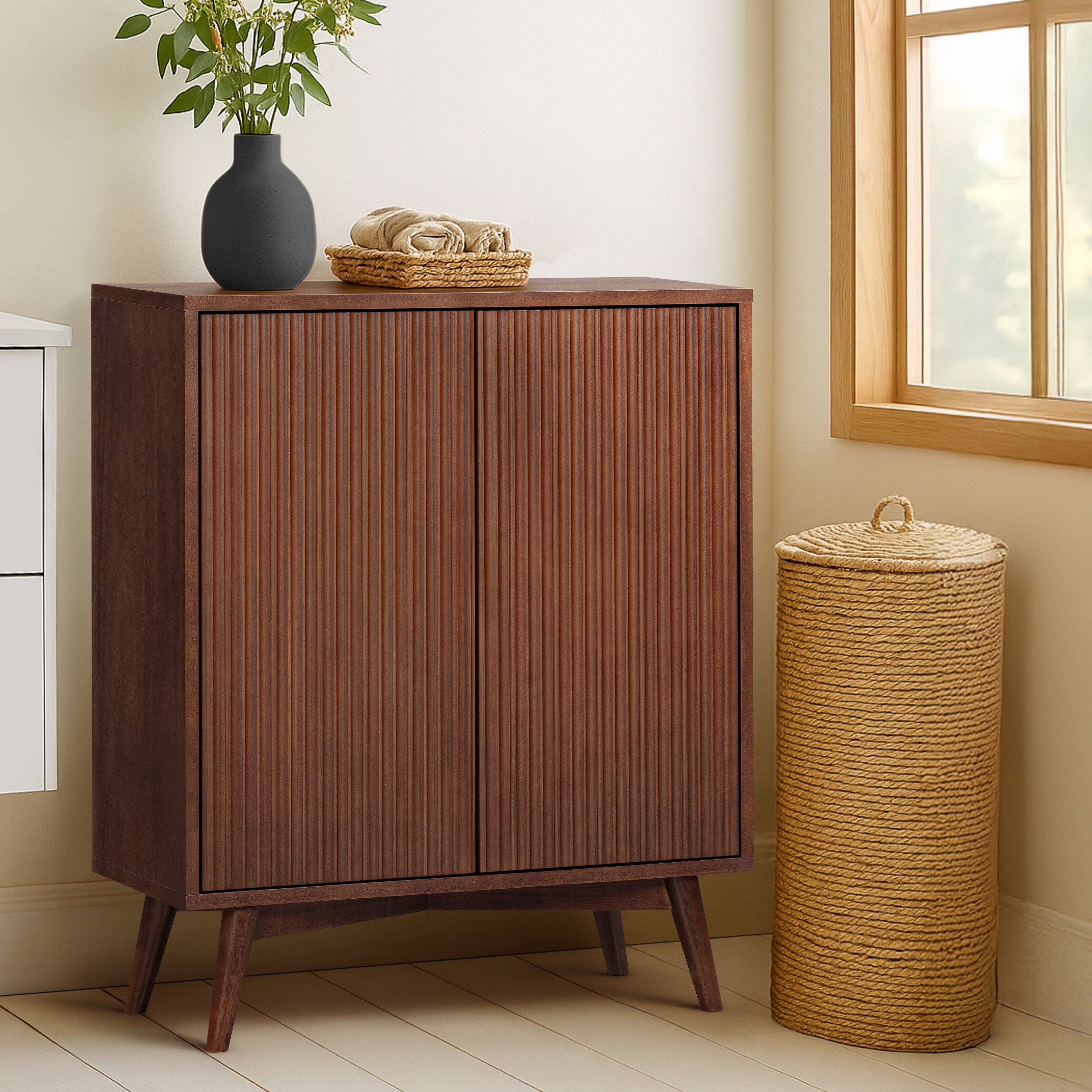 Angle. Teamson Home - Tremolo Accent Cabinet with 2 Doors & Adjustable Shelves with Wood Fluted Fronts - Brown.