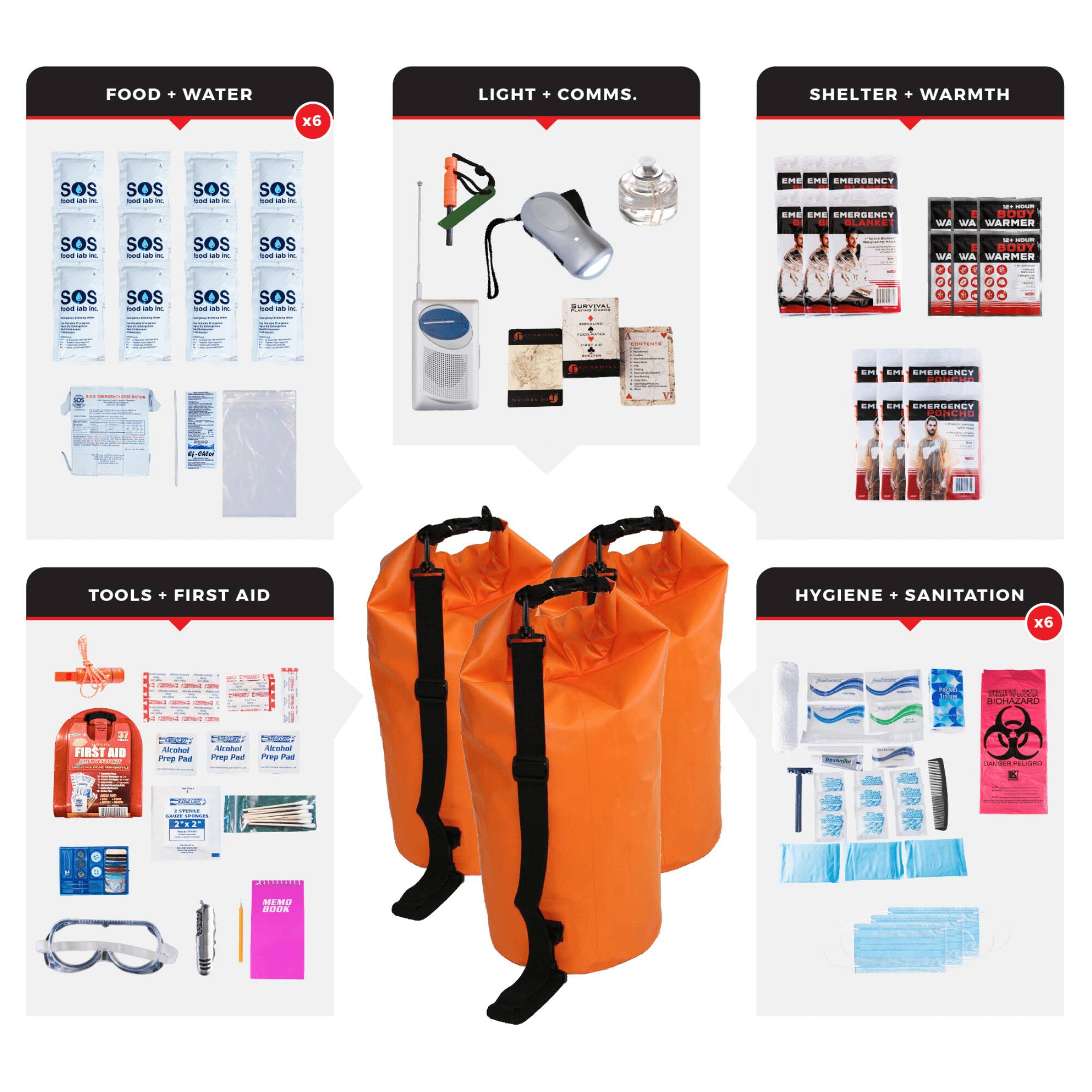 FOOD + WATER  
LIGHT + COMMS.  
SHELTER + WARMTH  
TOOLS + FIRST AID  
HYGIENE + SANITATION  

SOS Food & Water  
SOS Food & Water  
SOS Food & Water  
SOS Food & Water  
SOS Food & Water  
SOS Food & Water  

LIGHT + COMMS.  
EMERGENCY LIGHT  
COMMUNICATIONS WHISTLE  
EMERGENCY RADIO  

SHELTER + WARMTH  
EMERGENCY BODY WARMER  
EMERGENCY BODY WARMER  
EMERGENCY BODY WARMER  

TOOLS + FIRST AID  
FIRST AID KIT  
FIRST AID KIT  
FIRST AID KIT  
EMERGENCY PREP PAD  
EMERGENCY PREP PAD  
EMERGENCY PREP PAD  
EMERGENCY PREP PAD  
EMERGENCY PREP PAD  

HYGIENE + SANITATION  
SANITATION WIPES  
SANITATION WIPES  
SANITATION WIPES  
SANITATION WIPES  
SANITATION WIPES  
SANITATION WIPES