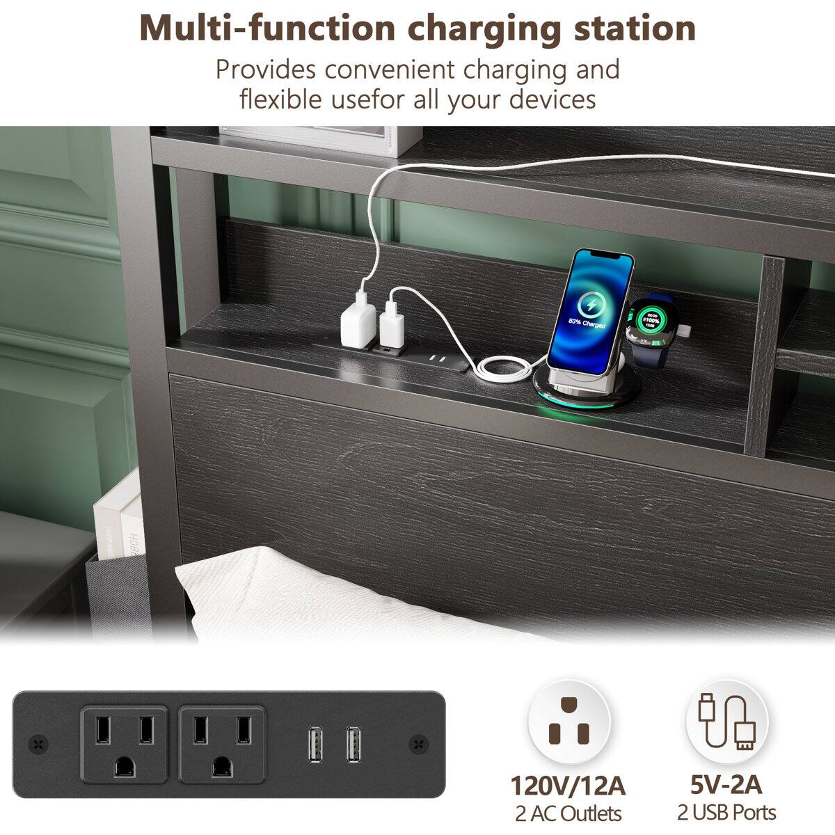 Multi-function charging station  
Provides convenient charging and flexible use for all your devices  

2% Otherged - - H  
120V/12A  
2 AC Outlets  
5V-2A  
2 USB Ports