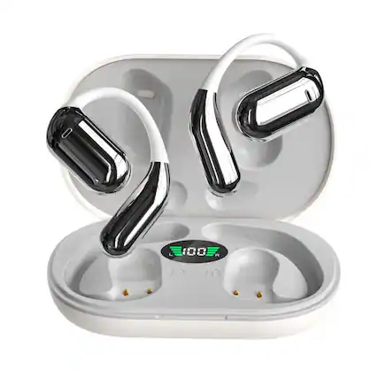 Front. Cluzine - Bluetooth 5.4 Q16S Open-Ear Wireless Ear Hook Sport Headphones – 50H Playtime & LED Display.