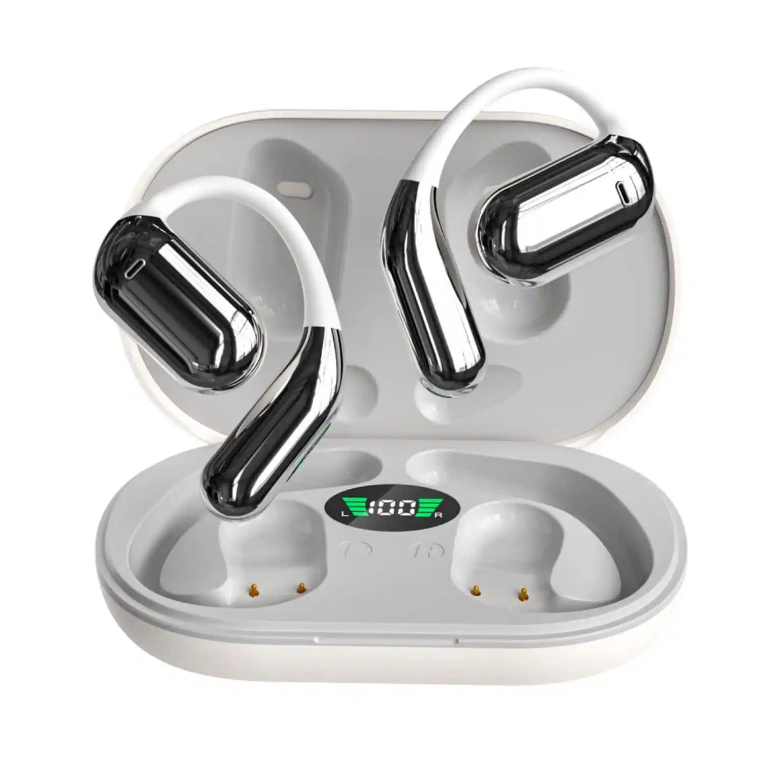 Front. Cluzine - Bluetooth 5.4 Q16S Open-Ear Wireless Ear Hook Sport Headphones – 50H Playtime & LED Display.