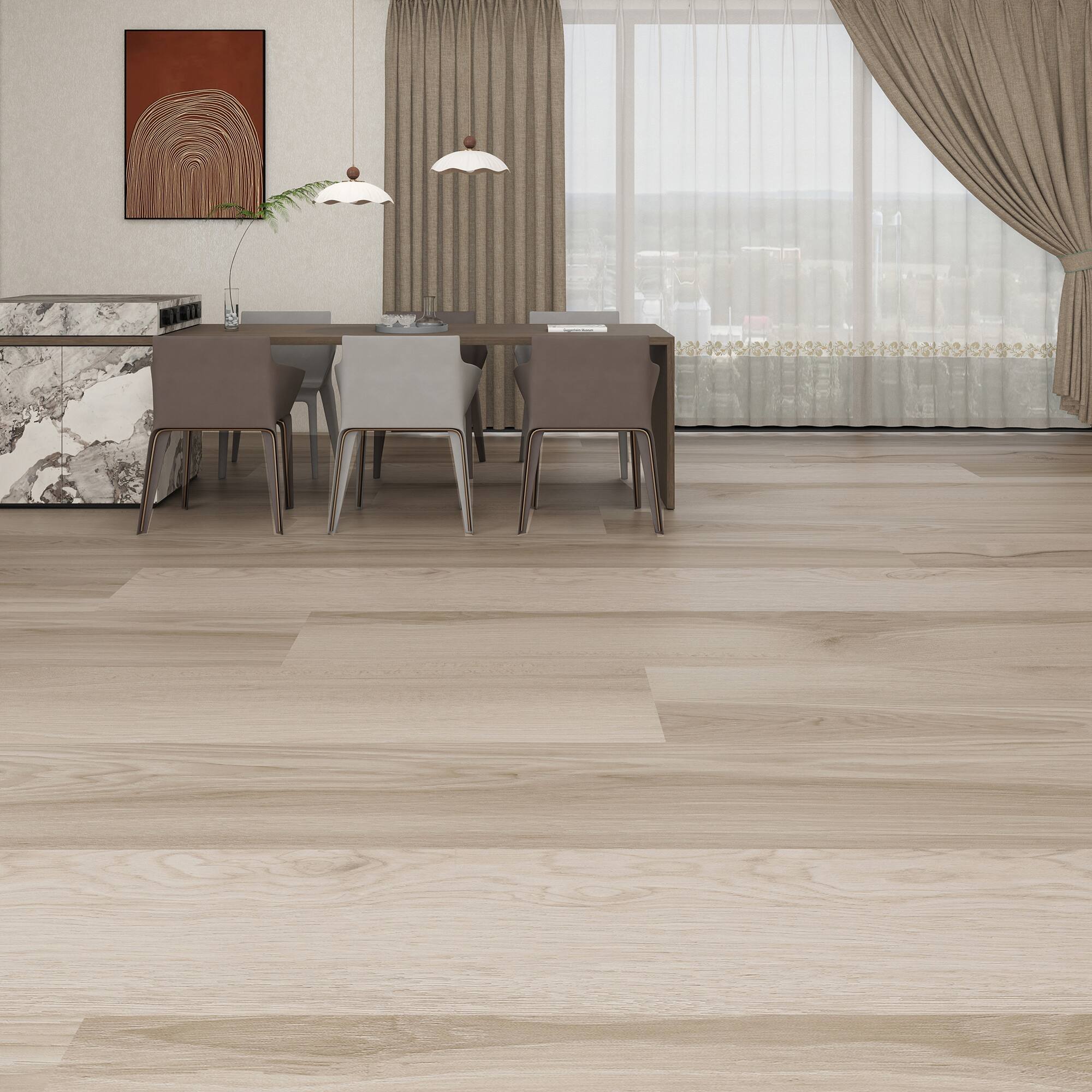 Left. Dotfloor - Superoak PLUS Laminate Flooring - 72.7"x9.6" Planks, 6 Planks/Box (27.09 sq ft/Box), 12mm Thick, AC5 Wear Rating - Platinum Oak.