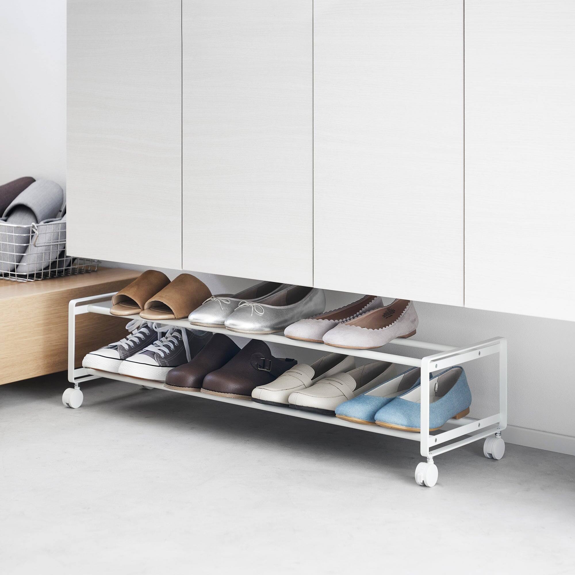 Left. Yamazaki Home - Two-Tier Rolling Shoe Rack (" H)  - Steel - Black.