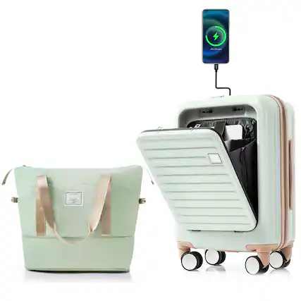 Front. Ecooso - 2-Piece 20" Front-Open ABS Carry-On with USB Port, Cup Holder, Hook, and Expandable Travel Bag Set - Green.