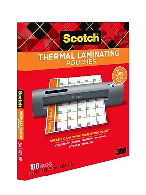Scotch Thermal Laminating Pouches  
3M Thermal Laminating Pouches  
3 Mil Letter Size  
Durable Clear Finish - Professional Quality  
Kids Artwork - Laser Printing - Certificates - Documents  
Everyday Laminating  
100 Pouches  
8.9" x 11.4" (228 mm x 291 mm) EA