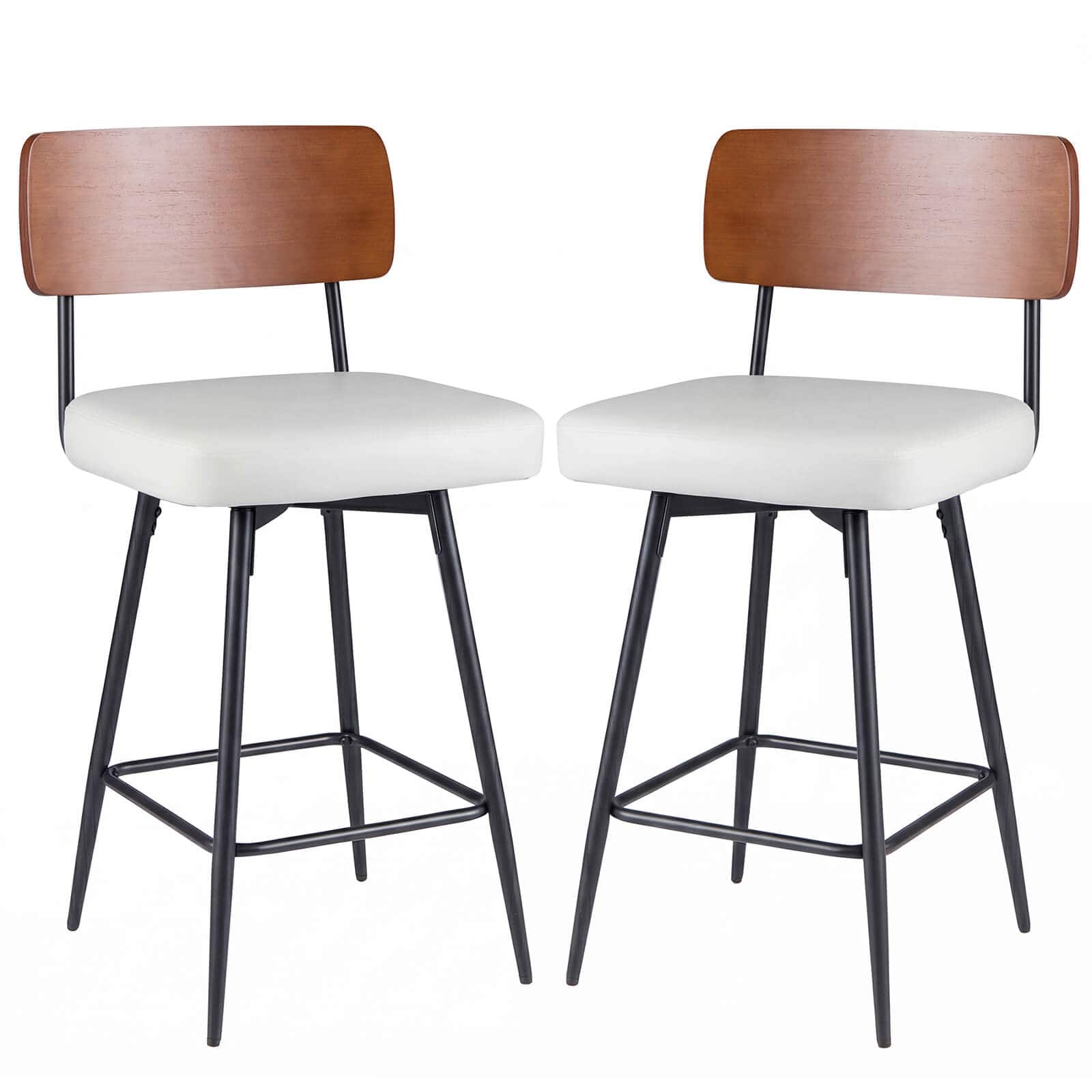 Costway - 27" Padded Counter Barstools Set of 2 with Wooden Backrest & Metal Legs, Footrest - White