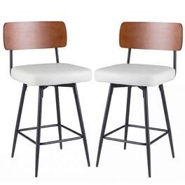 Costway - 27" Padded Counter Barstools Set of 2 with Wooden Backrest & Metal Legs, Footrest - White