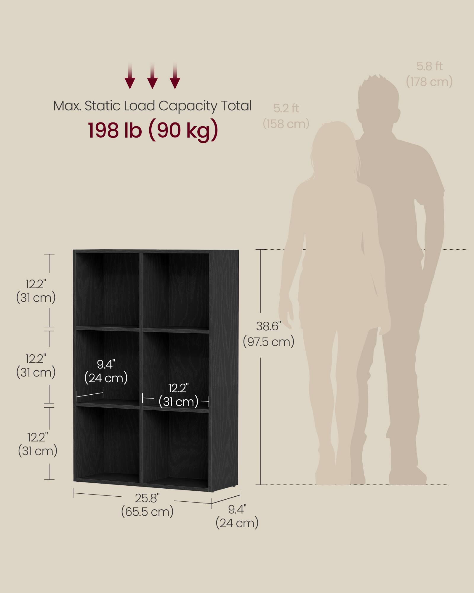 Max. Static Load Capacity Total: 198 lb (90 kg)

5.2 ft (158 cm)  
5.8 ft (178 cm)  

12.2" (31 cm)  
12.2" (31 cm)  
12.2" (31 cm)  
9.4" (24 cm)  
12.2" (31 cm)  
25.8" (65.5 cm)  
38.6" (97.5 cm)  
9.4" (24 cm)