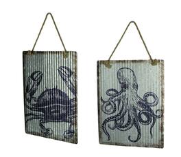 Chesapeake Bay - Ribbed Texture Galvanized Metal Octopus and Crab Art Wall Hanging Set - Gray
