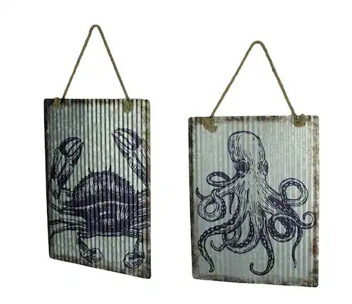 Front. Chesapeake Bay - Ribbed Texture Galvanized Metal Octopus and Crab Art Wall Hanging Set - Gray.