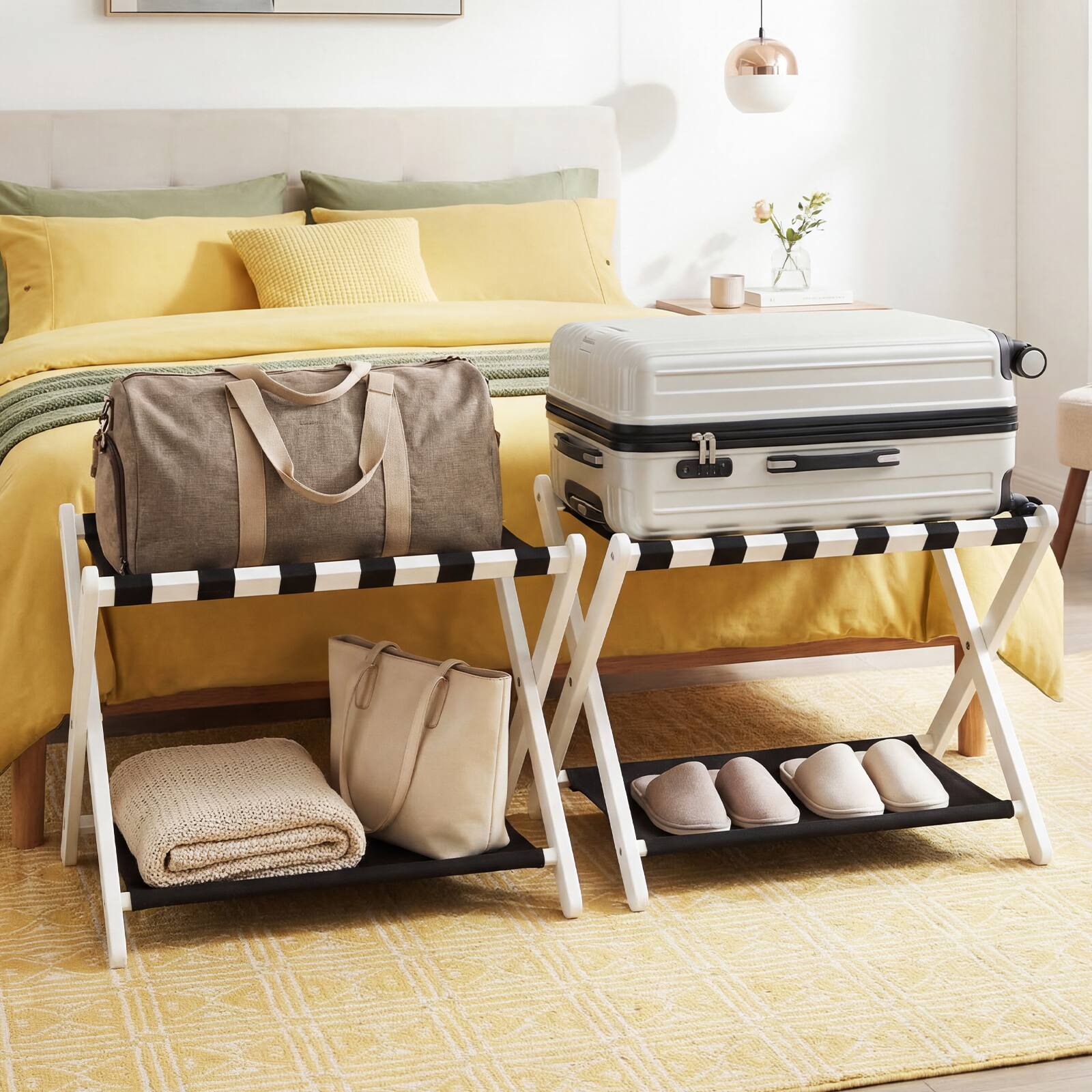 Alt View 3. Costway - Costway 1 PCS Luggage Rack, Solid Rubberwood Suitcase Stand with Nylon Shelves, Portable - Black + White.