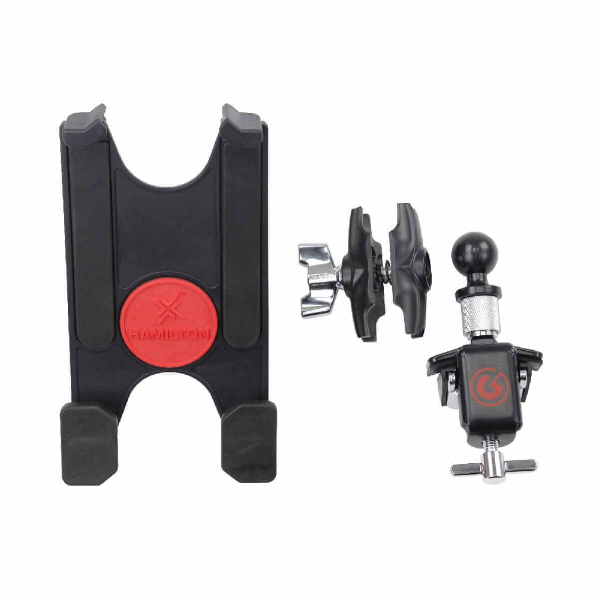 Left. Gibraltar Hardware - Dual Adjust Tablet Bass Drum Hoop Mount, Adjustable Tablet Holder for Drummers, w/ Rubber Padded Clamps - Black.