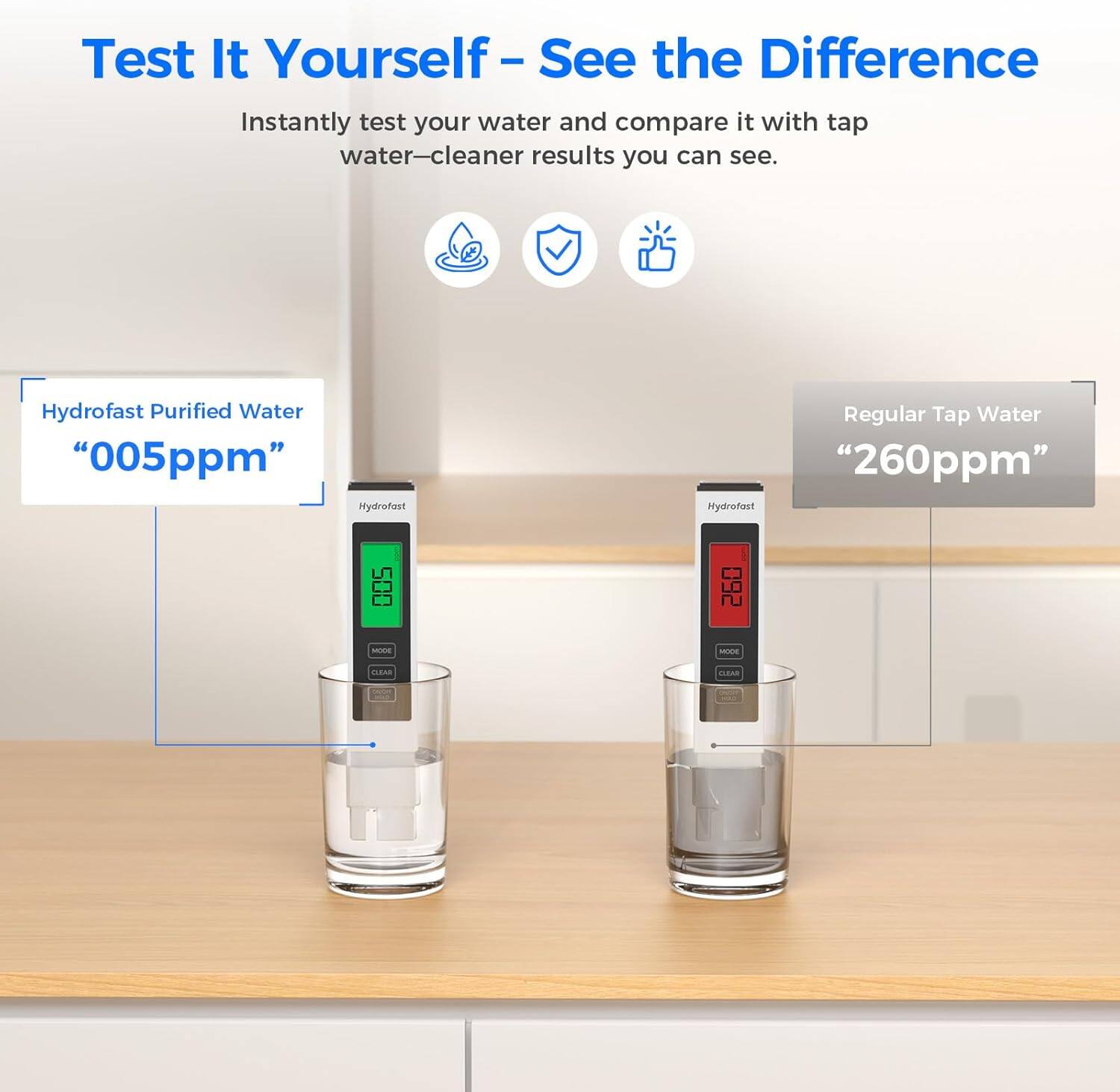 Test It Yourself - See the Difference  
Instantly test your water and compare it with tap water—cleaner results you can see.  

Hydrofast Purified Water "005ppm"  
Regular Tap Water "260ppm"